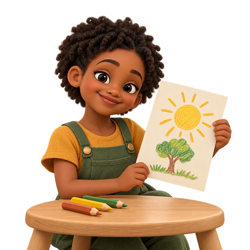 3D illustration of a child proudly sharing her drawing of a sun and tree.