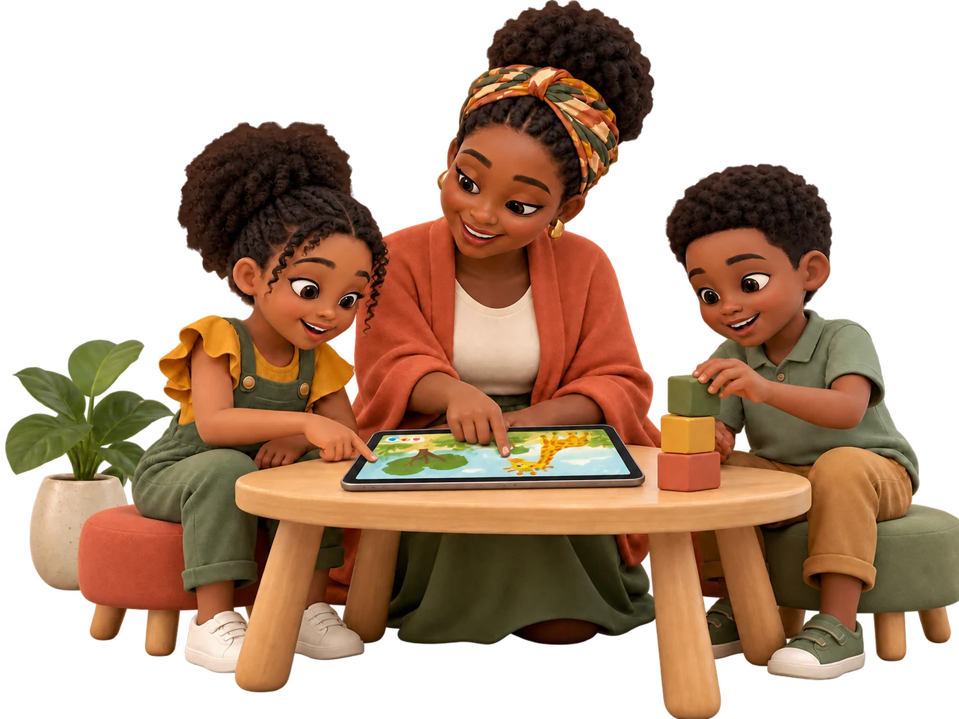 3D illustration of an African educator and two children exploring a tablet and learning blocks together.